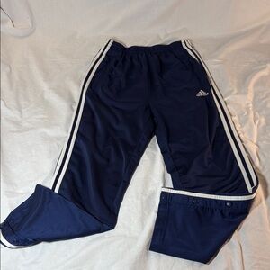 Vintage Adidas Mens Blue Joggers with White Stripes and Side Snaps